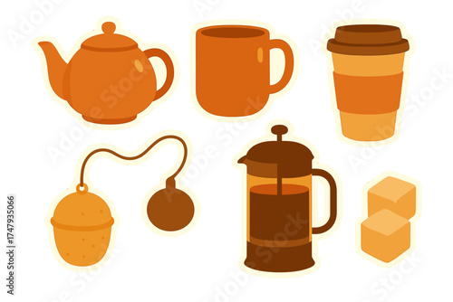 Set of hot drink essentials like teapot, coffee mug, French press, tea strainer, and sugar cubes
