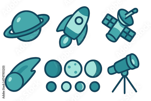 Set of celestial objects and space exploration symbols including rocket, satellite, planet, comet, and telescope