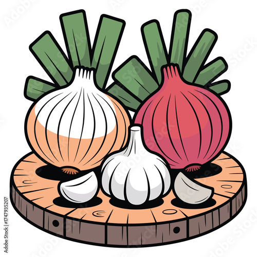 A vibrant illustration of onions and garlic on a wooden board, perfect for culinary and healthy eating themes