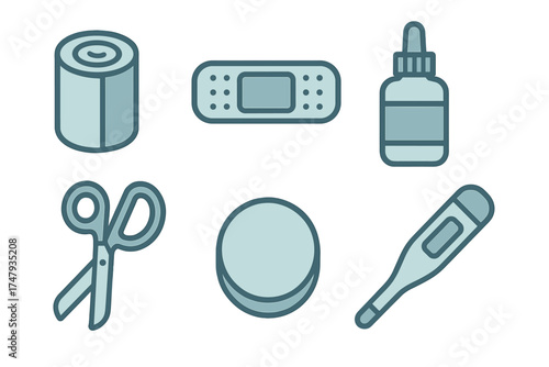 Essential medical and first aid supplies including thermometer, bandage, and scissors