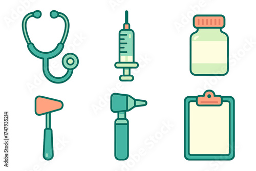 Essential medical examination tools and healthcare equipment set including stethoscope and syringe