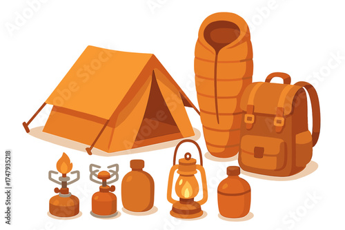 Essential camping equipment set including tent sleeping bag backpack and cooking gear