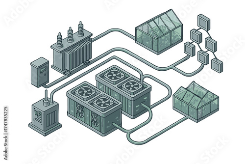 Sustainable energy flow connecting power transformer and cooling units to agricultural greenhouses and data nodes
