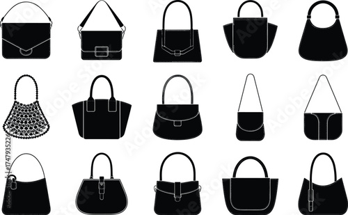 Handbag silhouette collection with diverse styles and shapes, fashion accessory vector illustration for design, retail, catalog, and style reference