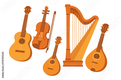 Collection of classic wooden string instruments: guitar, violin, harp, and mandolin