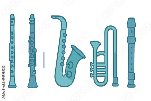 Collection of musical wind instruments: saxophone, clarinet, flute, and horn