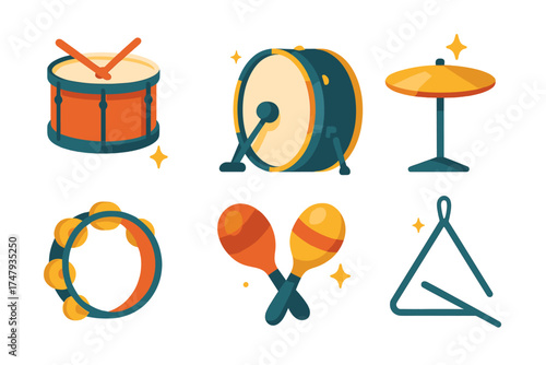 Set of percussion instruments including drums, cymbals, tambourine, maracas, and triangle