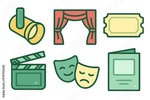 Theater and film icons set including spotlight, curtains, ticket, clapperboard, and drama masks