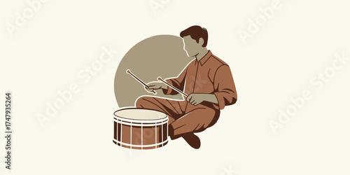A focused musician sits cross-legged on the floor, practicing a rhythmic beat on a snare drum in a minimalist vector illustration