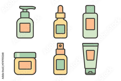 Six cosmetic product containers set including pump, dropper, jar, and tube packaging
