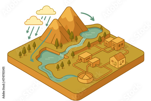 Water cycle and urban supply system layout showing rivers, mountains, and treatment facilities