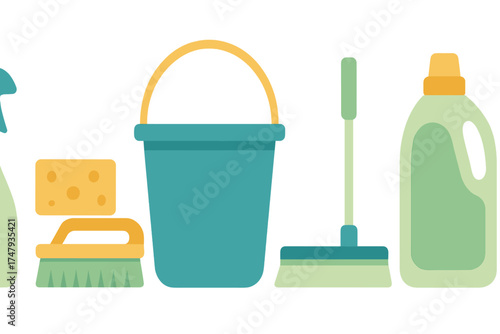 Assortment of household cleaning tools and supplies including bucket mop sponge and detergent bottle