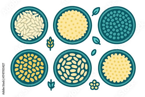 Six bowls filled with assorted healthy cereals, beans, and seeds for nutritious cooking