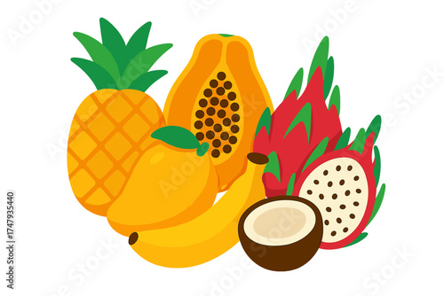 Brightly colored assortment of fresh tropical fruits: pineapple, papaya, mango, banana, and dragon fruit