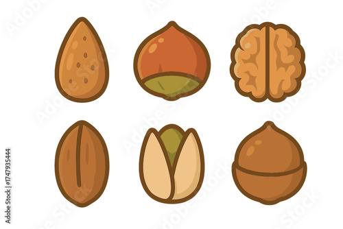 Simple stylized icons of various healthy edible nuts including almond, walnut, and pistachio