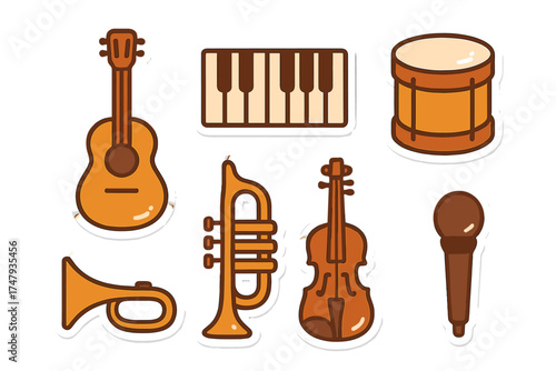 Acoustic guitar, keyboard, drum, trumpet, violin, and microphone sticker set