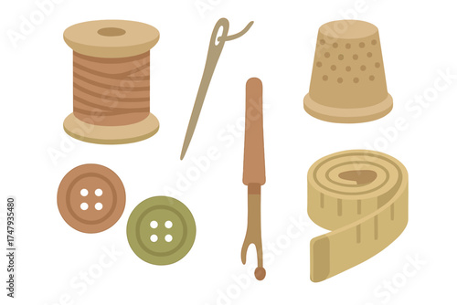 Essential sewing tools collection: thread spool, needle, thimble, seam ripper, buttons, measuring tape