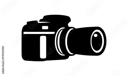 Professional black digital SLR camera with zoom lens for photography, isolated on white