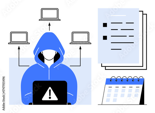 Hacker in blue hoodie at laptop with alert sign, connected laptops, documents, calendar. Ideal for cybersecurity, hacking, online protection, data breach, digital security tech crime simple flat