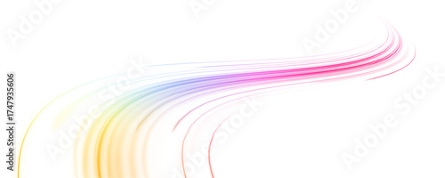 Glowing neon arc, high-speed energy trail. Futuristic light streaks in purple, blue, and cyan. Abstract dynamic vector motion with luminous effects. PNG