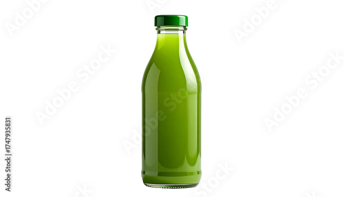 Green juice bottle, smooth, glossy isolated on solid white background Png format