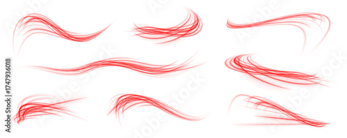 Red neon light swirls in high-speed motion. Futuristic energy trail effect. Abstract glowing arcs and streaks on dark background. PNG