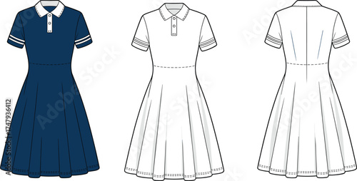 Pleated dress fashion flat illustration with contrast collar, button placket, and front and back views for garment design and sketch
