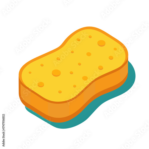 Yellow and orange cleaning sponge with porous texture and teal base layer.