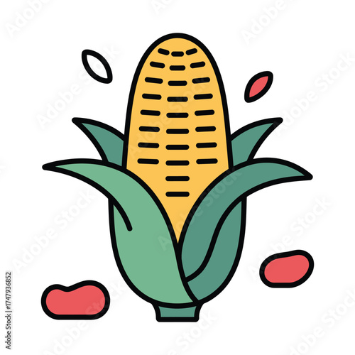 Illustration of an ear of corn with green husks and kernels, accompanied by scattered beans