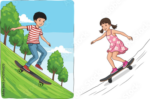 Children Skateboarding Down Hills and Slopes, Outdoor Fun, Speed, Motion, Nature and Urban Settings, Active Lifestyle, Youth Sport, Play