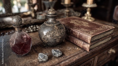 Intricate decanters and aged books on a wooden surface, evoking a sense of history, alchemy, and vintage charm in a dimly lit setting.