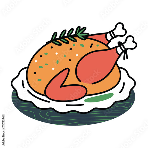 Roasted chicken on a platter, garnished with herbs, a delicious and festive dish