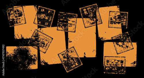 A collection of distressed orange rectangular shapes with textured patterns scattered on a black background, creating a grunge and vintage aesthetic.