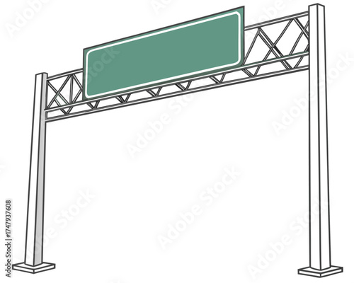 A large blank green rectangular signboard mounted on a horizontal truss held by two vertical steel support columns, shown against a plain background and suggesting a highway directional.