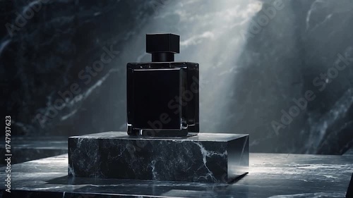 Luxury Perfume Bottle on Marble Pedestal Dramatic Lighting.