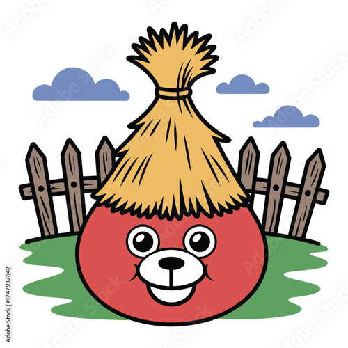 Cute scarecrow with a big red face and straw hair, cartoon scarecrow character