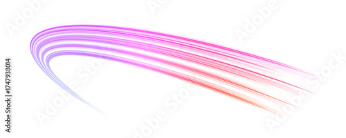 Neon glowing ribbons forming swirling energy vortex. Futuristic dynamic light streaks. Abstract curved vector arcs in blue and purple shades. PNG