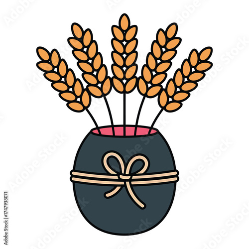 Charming illustration of wheat stalks arranged in a vase, , symbolizing harvest and abundance
