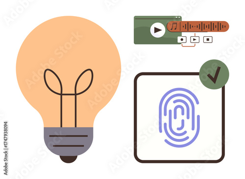 Light bulb for ideas, media player for creativity, fingerprint for authentication and security. Ideal for technology, innovation, creativity, digital identity, cybersecurity, multimedia modern