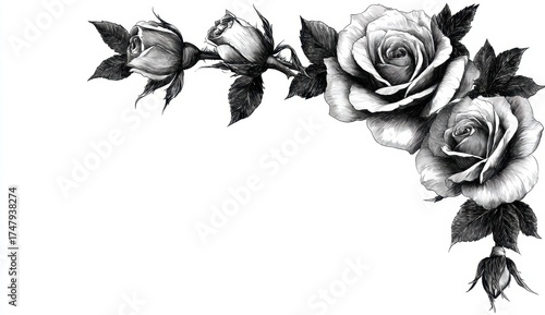 Elegant black and white roses with detailed leaves forming a decorative border