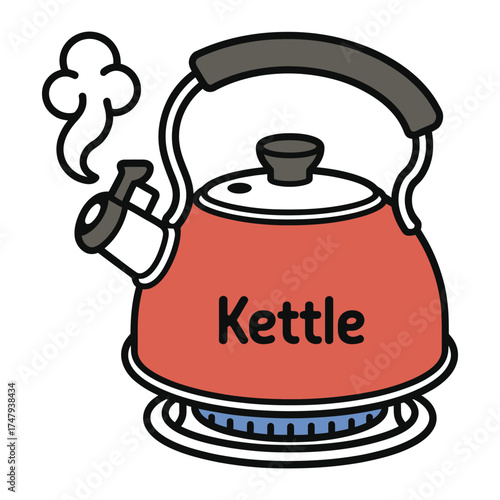 Red kettle on a stove with steam coming out, ready to boil water