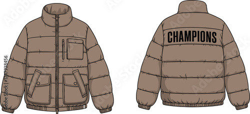 Puffer jacket fashion illustration with front and back views, quilted design, branding detail, vector apparel template for clothing and retail