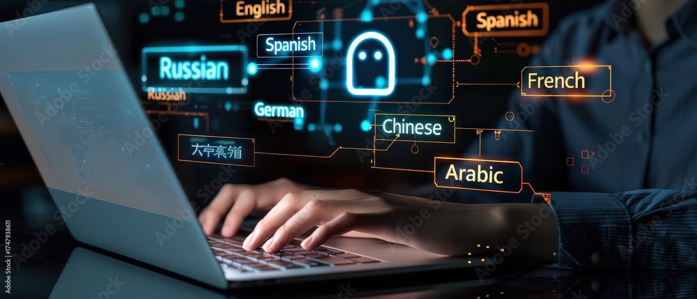 Fototapeta premium Person typing on laptop with futuristic AI translation interface showing multiple languages. Concept of artificial intelligence, digital communication, and innovative AI language learning technology.