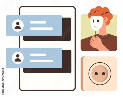 Conversation icons in chat bubbles, person holding mask beside a power outlet. Ideal for online interaction, anonymity, technology, communication, privacy, social media, simple flat metaphor