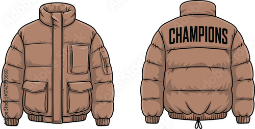 Puffer jacket fashion illustration with front and back views, zipper pockets, ribbed cuffs, branding detail for apparel, retail, and outerwear