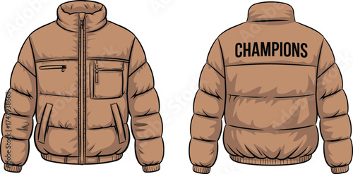 Puffer jacket fashion illustration with front and back views, quilted design, zipper pockets, branding detail for apparel, retail, and outerwear