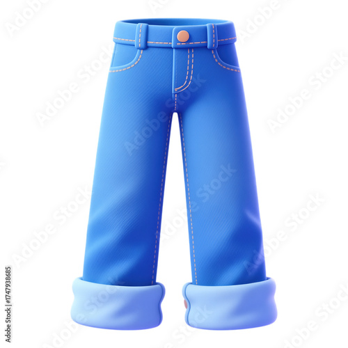 Blue Denim Jeans with Cuffs, 3D Realism Design Element on Transparent Background
