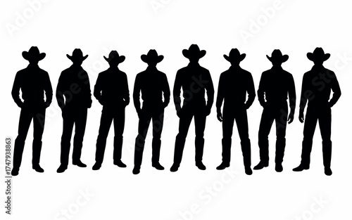 Silhouetted Men in Cowboy Hats Standing in a Line, Representing a Western Ensemble or Team