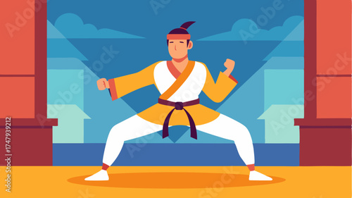 An individual practicing martial arts showcasing dynamic martial arts poses with a focus on balance and agility amidst a stylized dojo backdrop.