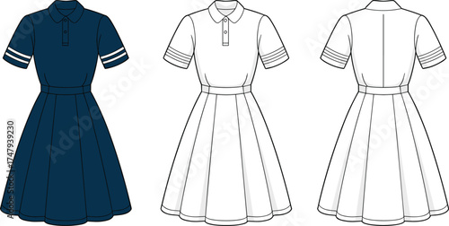 Short-sleeved pleated dress fashion flat illustration with contrast collar, sleeve stripes, and front and back views for garment design